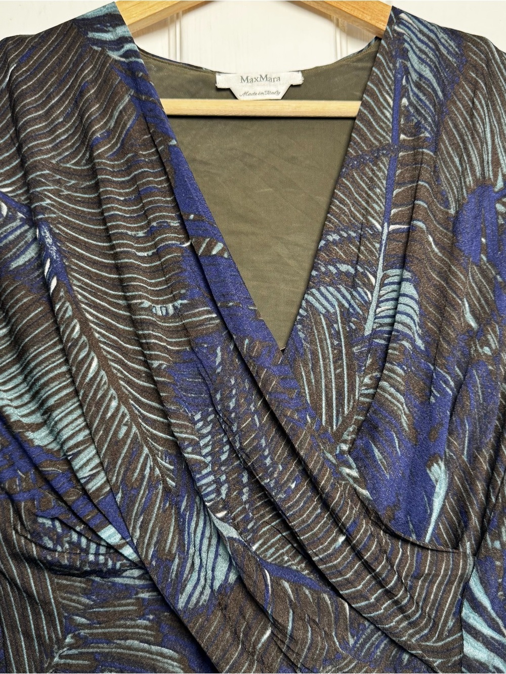 Max Mara Italy Draped Faux Wrap Top XL Blue Brown Abstract Jersey Quiet Luxury - Picture 2 of 13